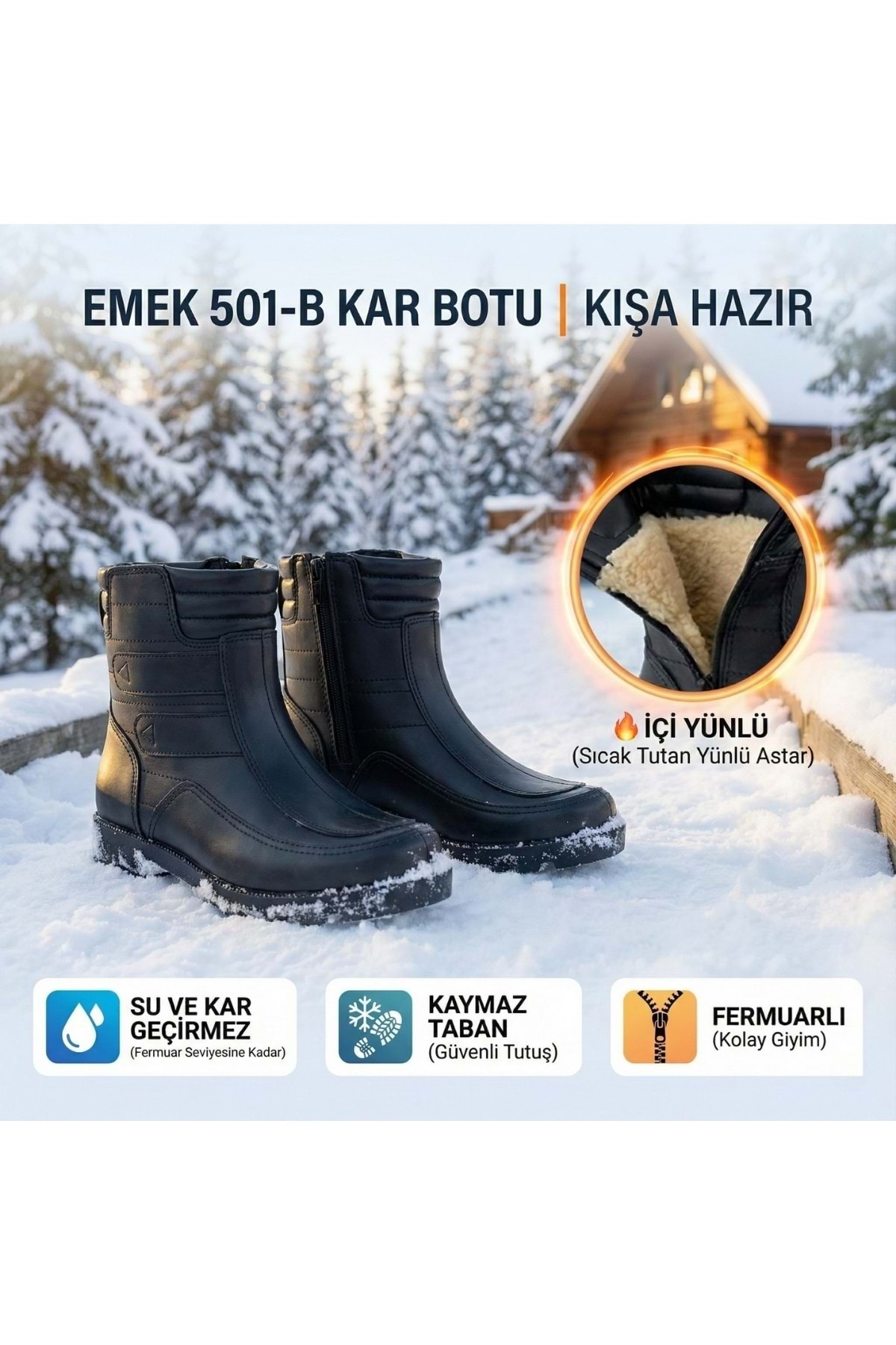 ÇİĞDEM KUNDURA  Emek - 501-B | Erkek İçi Yünlü Kar Botu | Su ve Kar Geçirmez