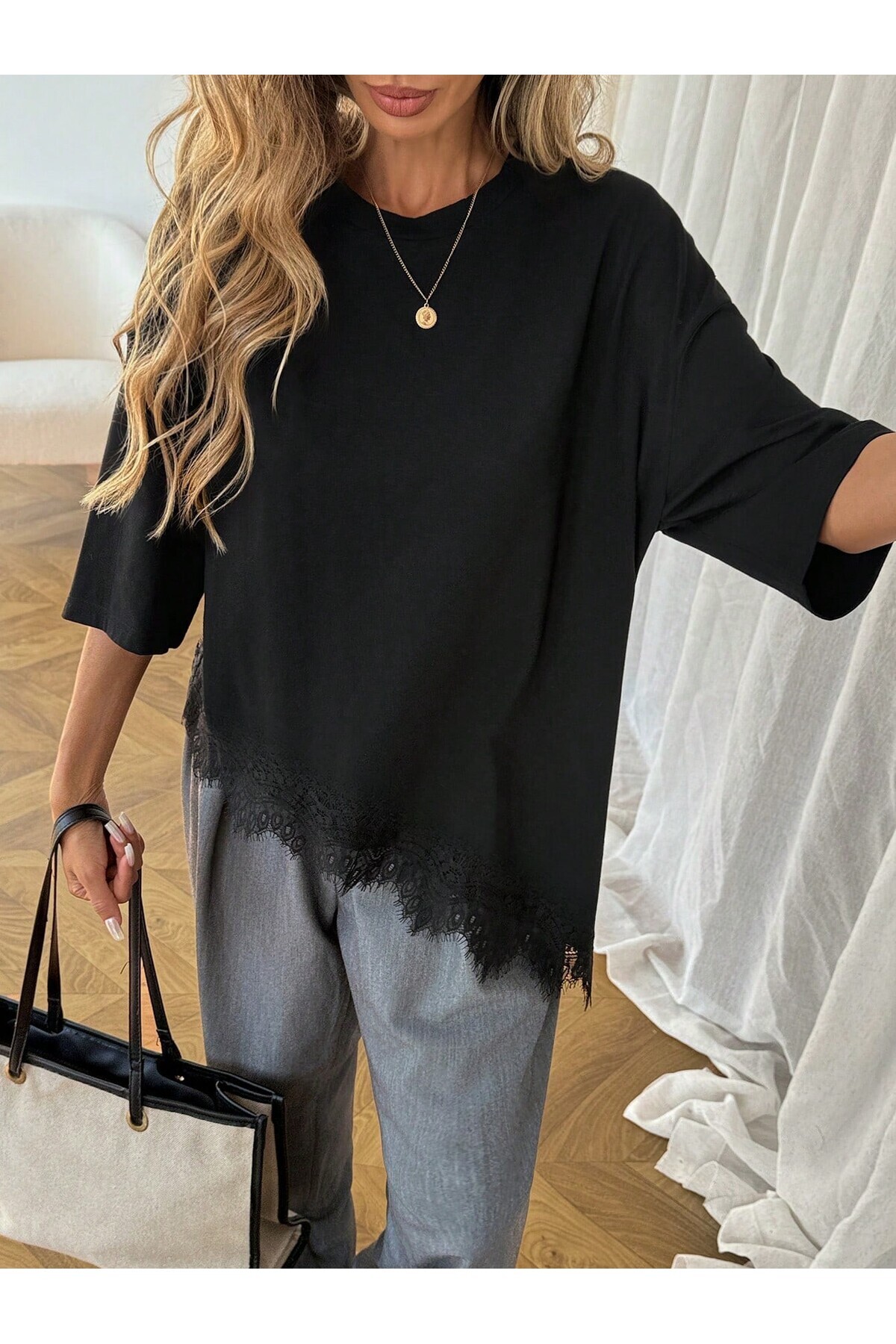 meren like your style  siyah oversize tişört asimetrik etek ucu kısa kollu üst - Görsel 4