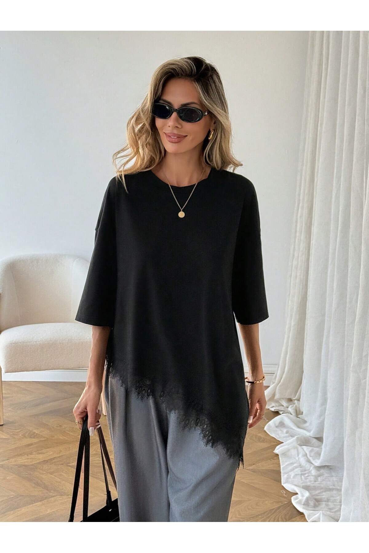 meren like your style  siyah oversize tişört asimetrik etek ucu kısa kollu üst - Görsel 3