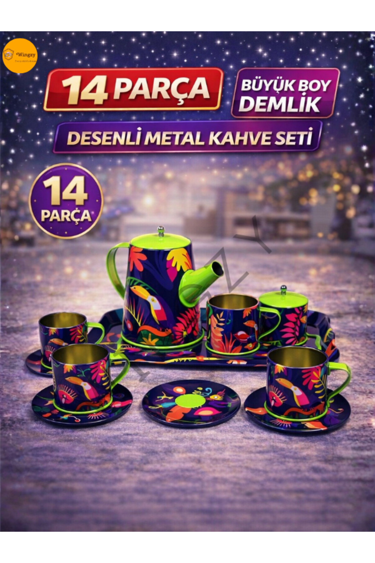 4 Parça Desenli Metal Büyük Kahve Seti (Lacivert)
