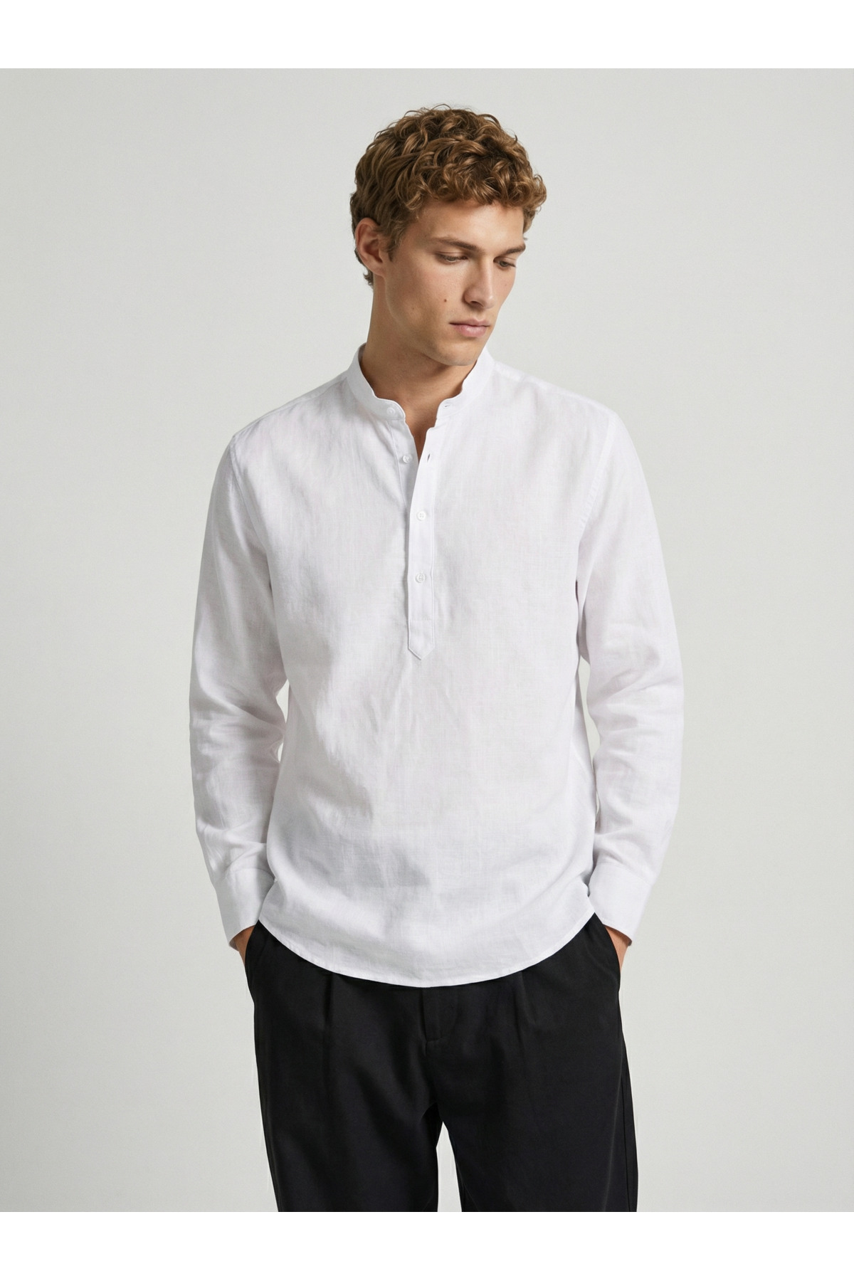 WAMOSSALAPLI  Uzun Kollu Hakim Yaka Üç Düğmeli Keten Dar Kesim Beyaz Gömlek - Görsel 3