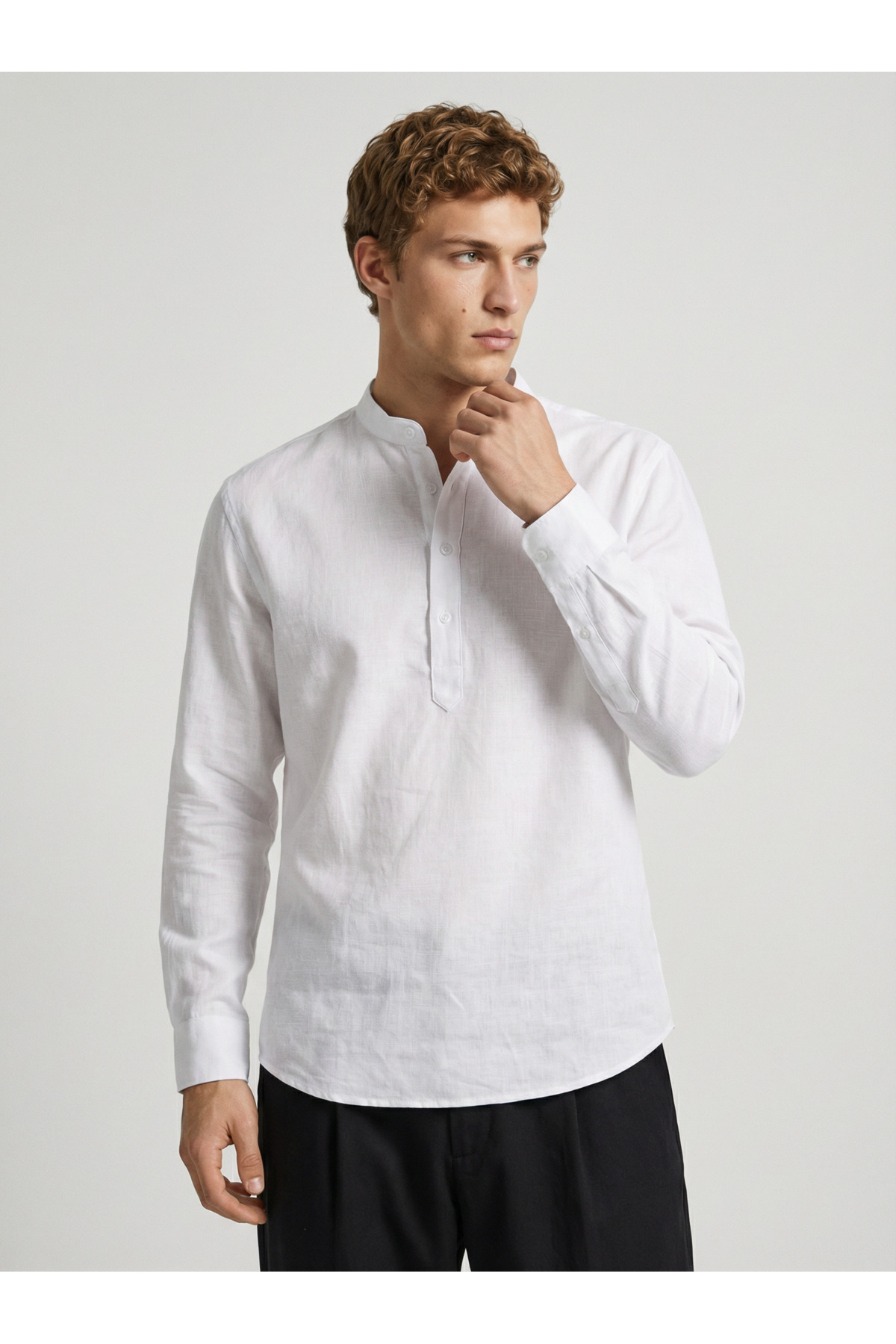 WAMOSSALAPLI  Uzun Kollu Hakim Yaka Üç Düğmeli Keten Dar Kesim Beyaz Gömlek - Görsel 6