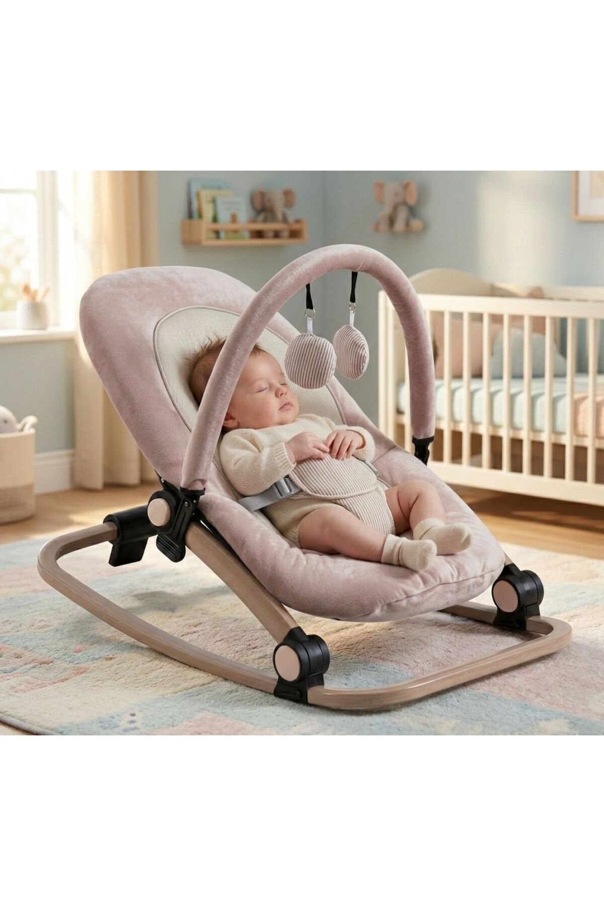 TURHAN BEBE Pamuklu Kumaş Oyuncaklı Sallanır Sabitlenir Katlanır Ana Kucağı Beşik KREM fotoğrafı 2 (önizleme)