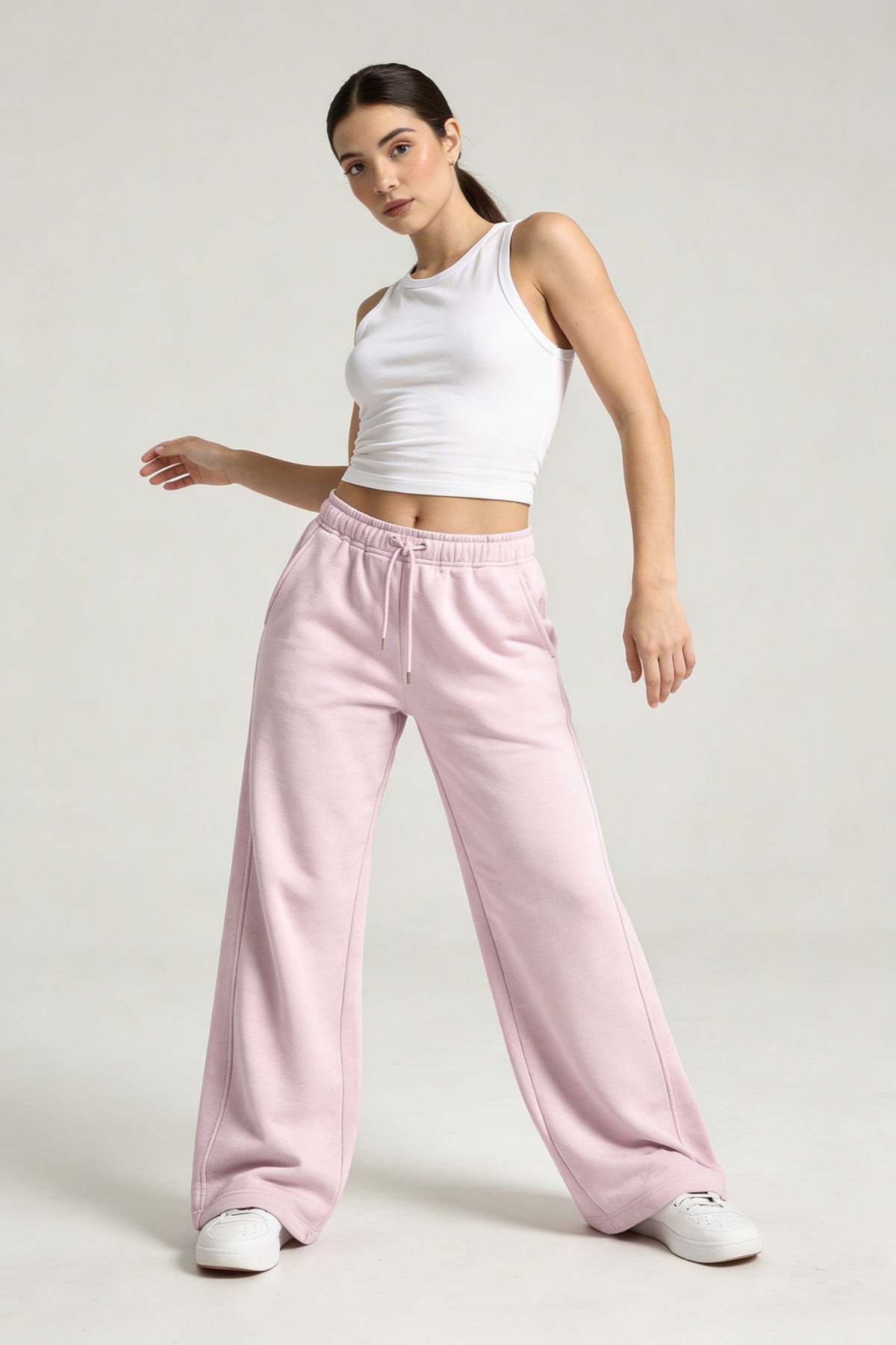 Fancy & Fun  Kadın Yüksek Bel Oversize Beli Lastikli Yan Cepli Garnili 3 İplik Kumaş Eşofman Altı - Görsel 4