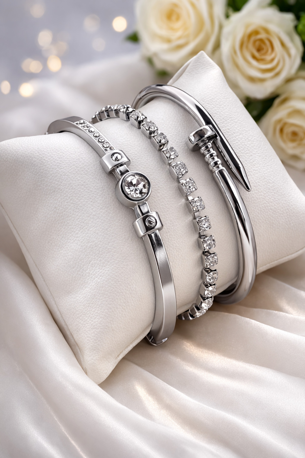 Silver Color 3-Piece Zircon Stone Detail Women's Bracelet Combination
