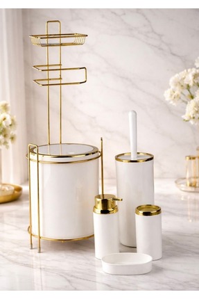 Store HGY Home Gold Yuvarlak Yedekli WC Kağıtlık ve 6 Parça Banyo Seti - Kırı...