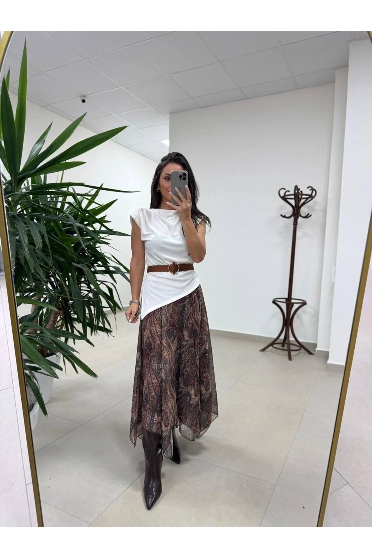 Mzr Collection  KADIN DESENLİ KAHVE LACİVERT GEÇİŞLİ ASTARLI ASİMETRİK ŞİFON ETEK - Görsel 3