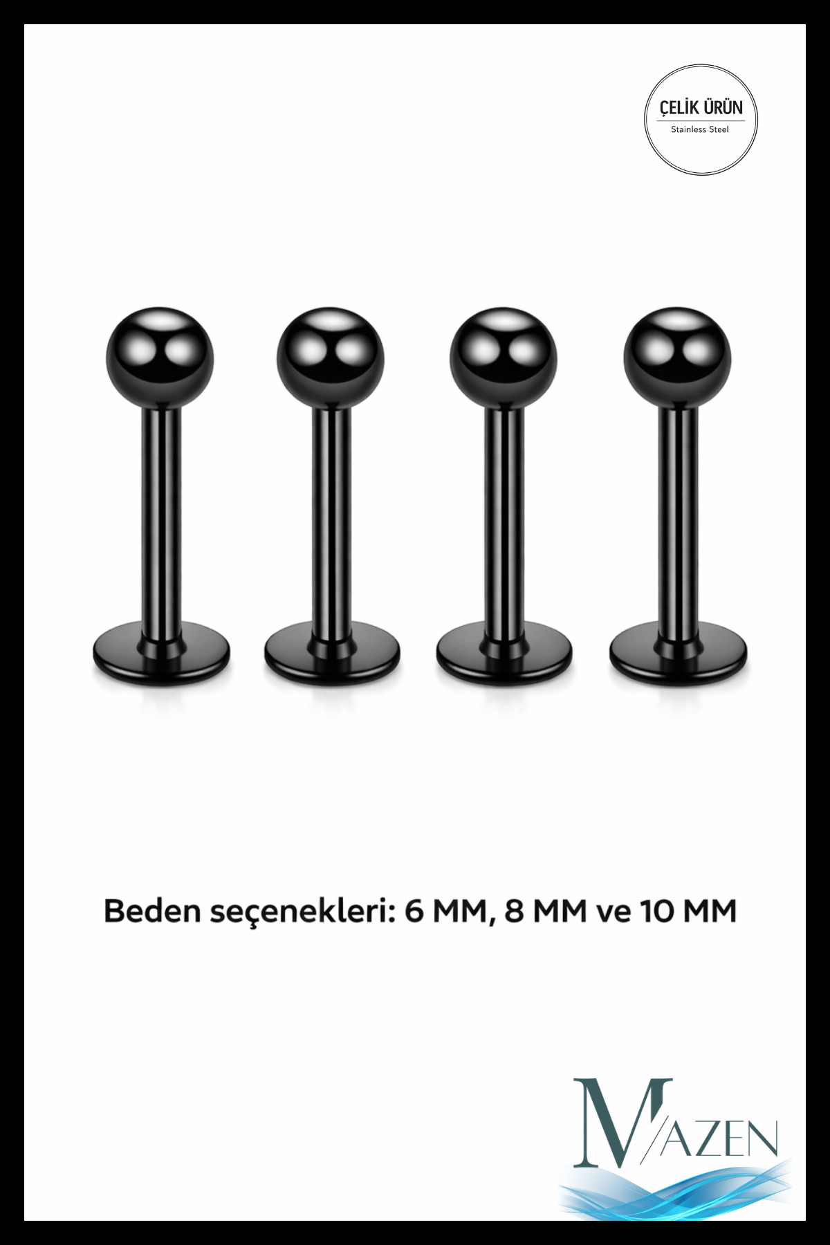316l Surgical Steel 4-Piece Set Single Ball Black Tragus, Helix, Lip Piercing