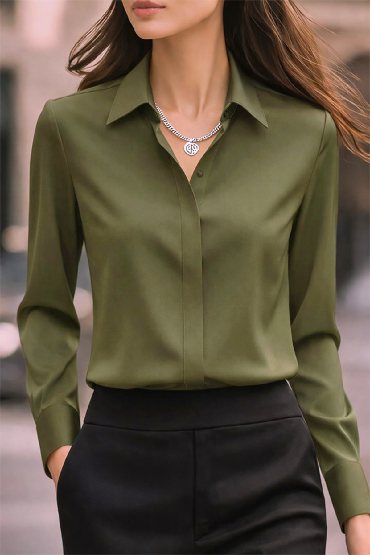TRENDBUTİKOFFİCİAL  Dubai Krep Kumaş Gömlek - Zeytin Yeşili - Görsel 2
