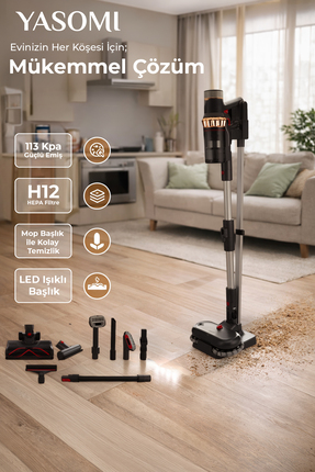 Yasomi Vion Plus V11 33Kpa H12 Hepa Mop Başlık Led Işıklı Turbo Başlık Dikey ...
