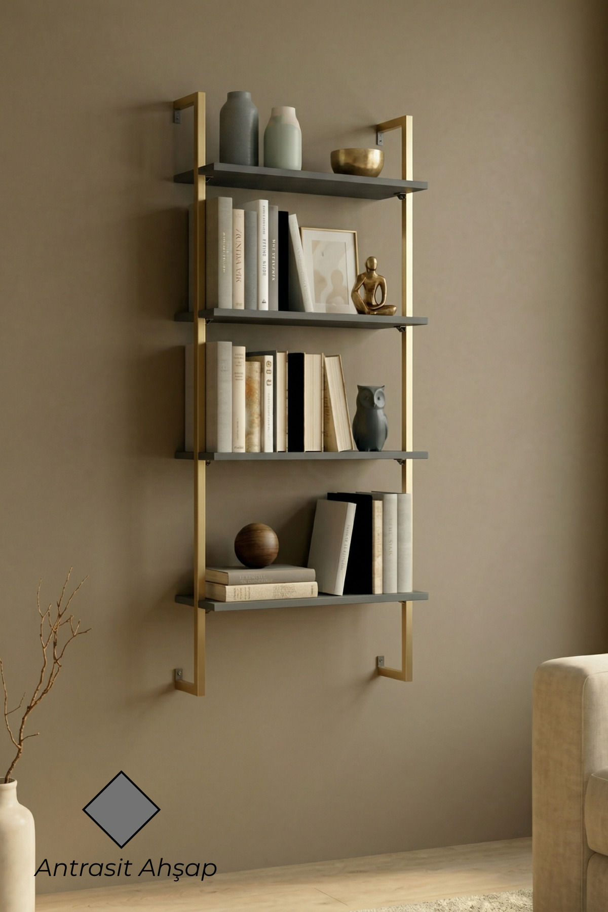 60x20 cm, 4 Shelf Bookshelf | Wall Shelf & Kitchen, Bathroom, Organizer, Gold Metal, Anthracite Wood