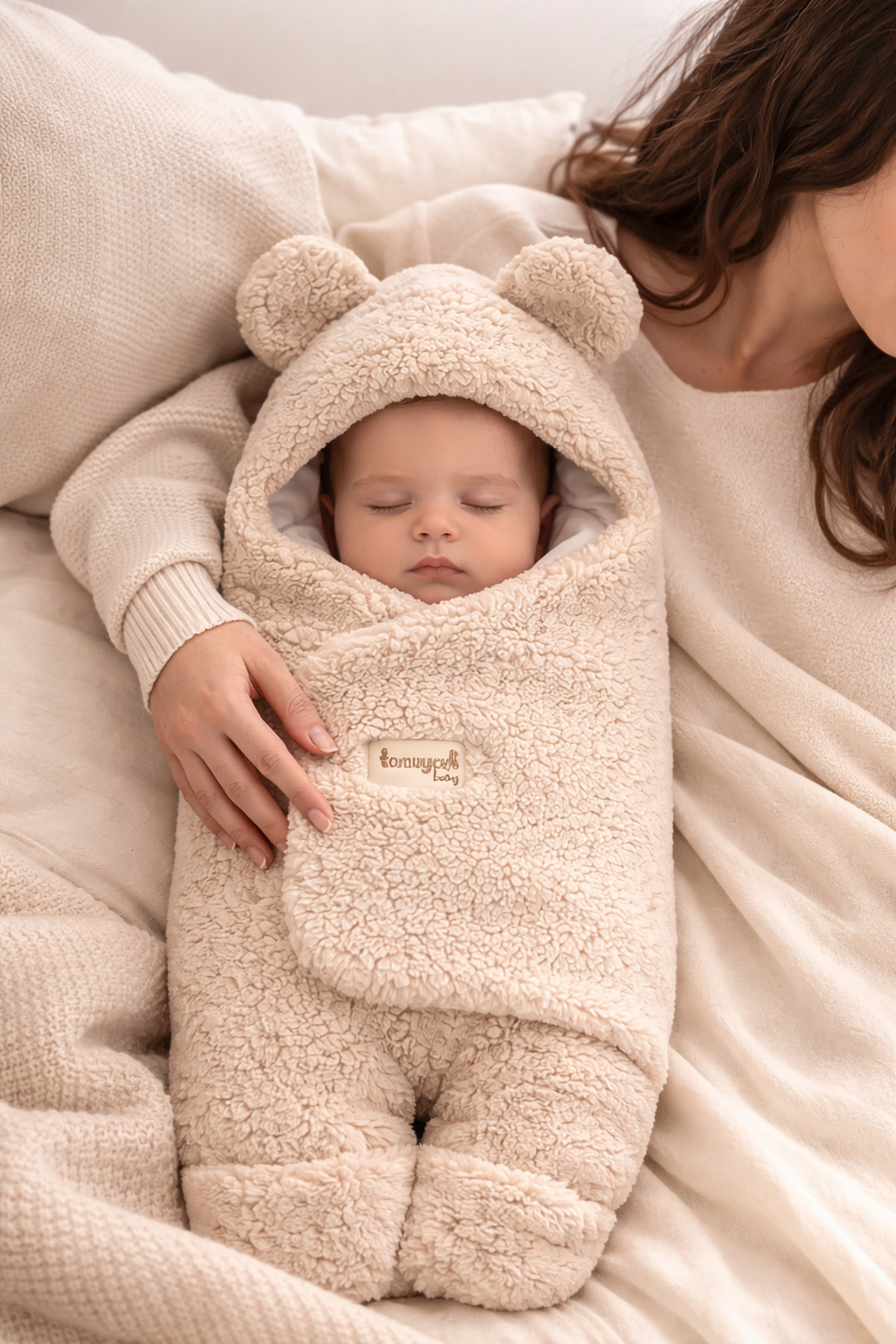 Tomuycuk 0-12 Ay İçi Elyaflı Peluş Welsoft Kulaklı Vizon Dış Bebek Kundak & Battaniyesi Kışlık Uyku Tulumu fotoğrafı 2 (önizleme)