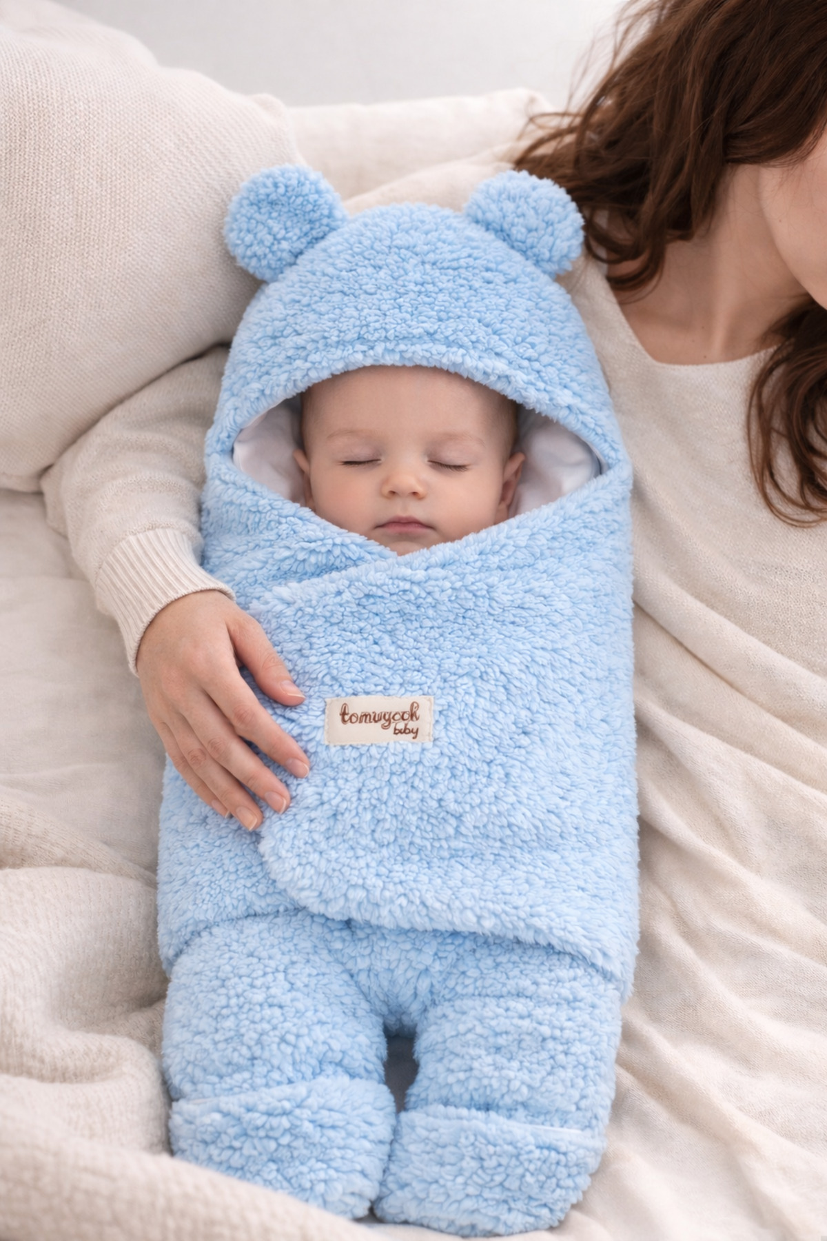 Tomuycuk 0-12 Ay İçi Elyaflı Peluş Welsoft Kulaklı Mavi Dış Bebek Kundak & Battaniyesi Kışlık Uyku Tulumu fotoğrafı 2 (önizleme)