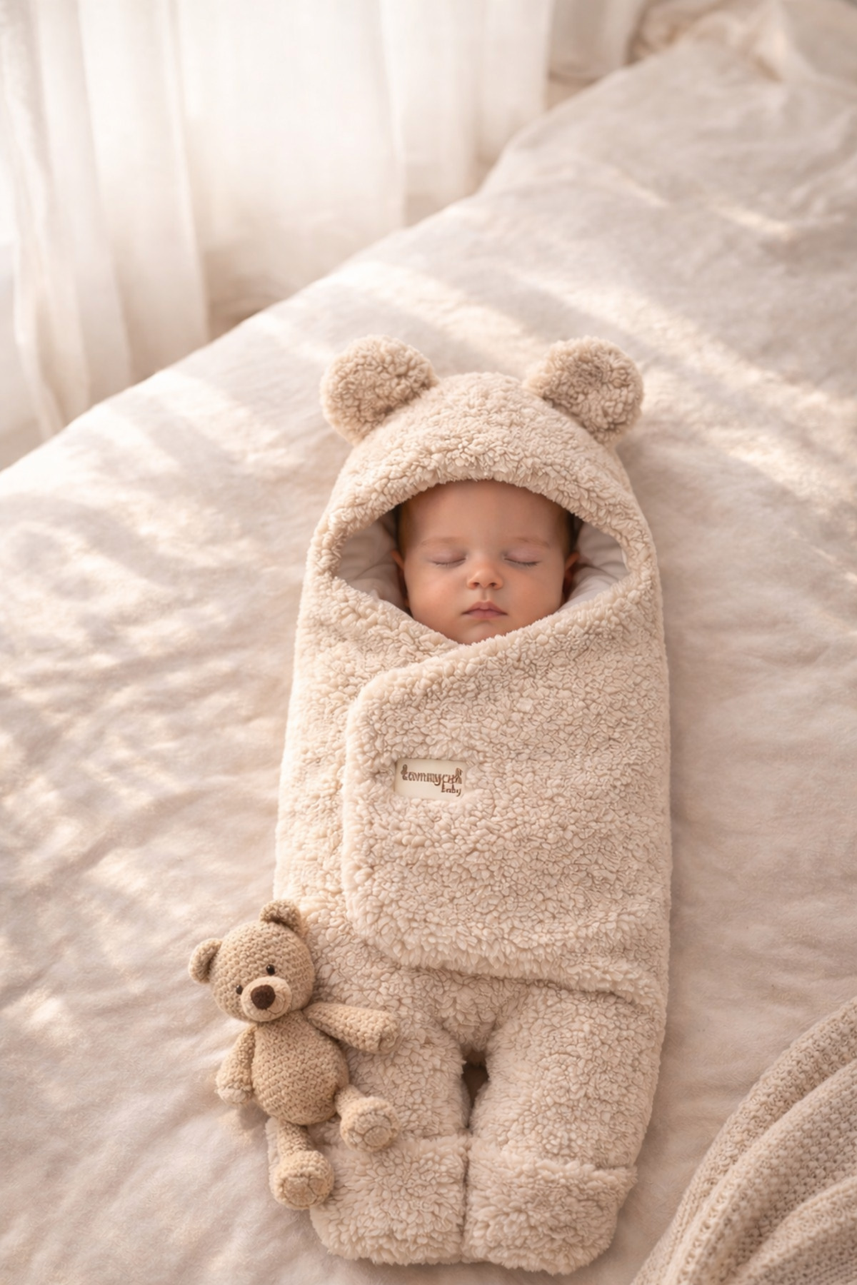 Tomuycuk 0-12 Ay İçi Elyaflı Peluş Welsoft Kulaklı Vizon Dış Bebek Kundak & Battaniyesi Kışlık Uyku Tulumu fotoğrafı 3 (önizleme)