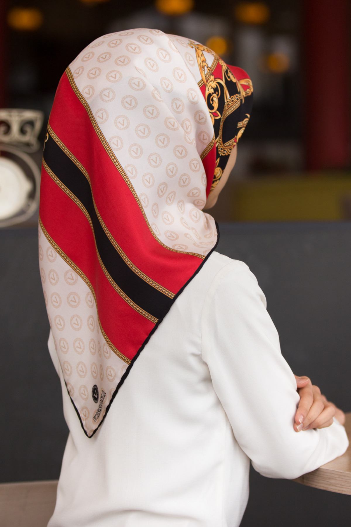 100% Twill Silk Monogrammed and Baroque Patterned Red-Cream Color 90x90 Scarf Sewing Shape : Hand Sewing
