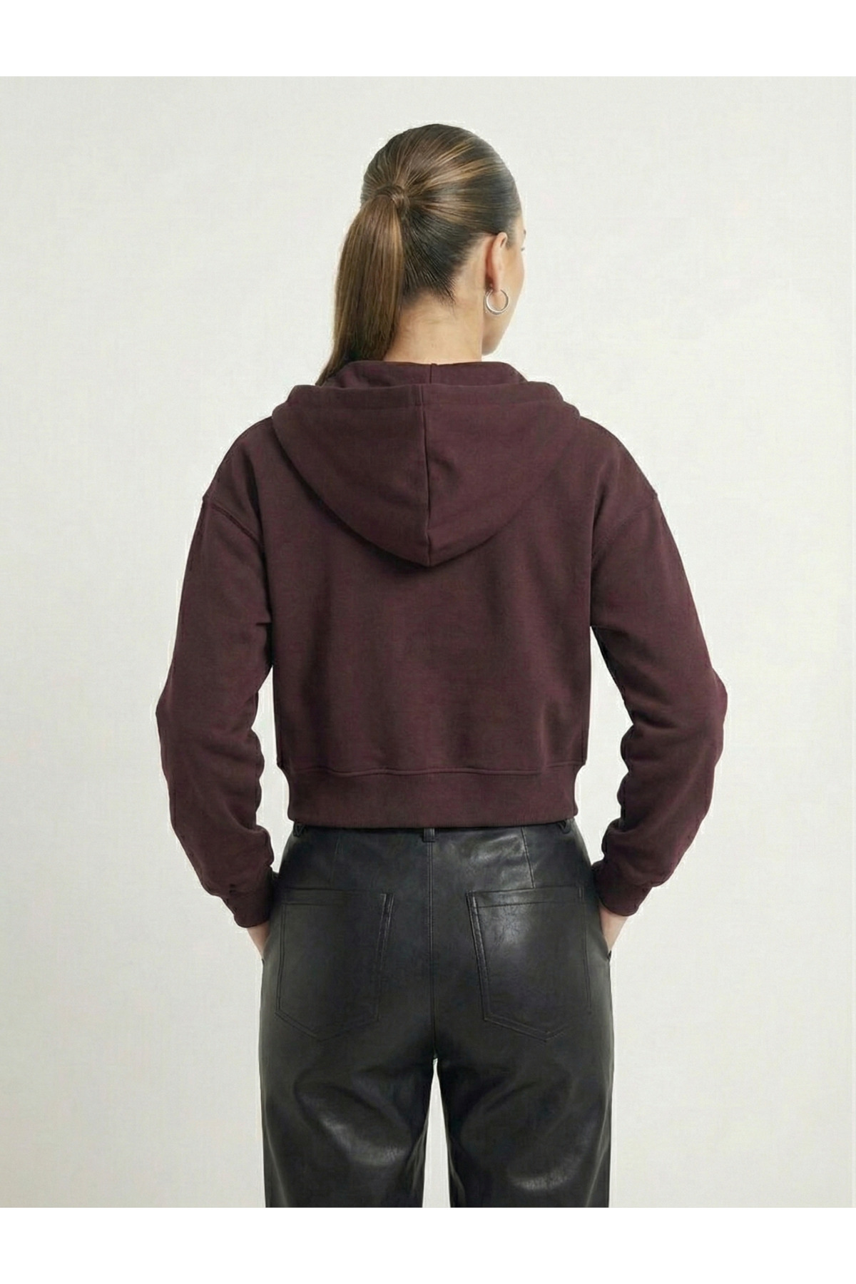 NEW JOURNAL Kadın Bordo 2 İplik Fermuarlı Kapüşonlu Kısa Sweatshirt NJ35 görsel 3