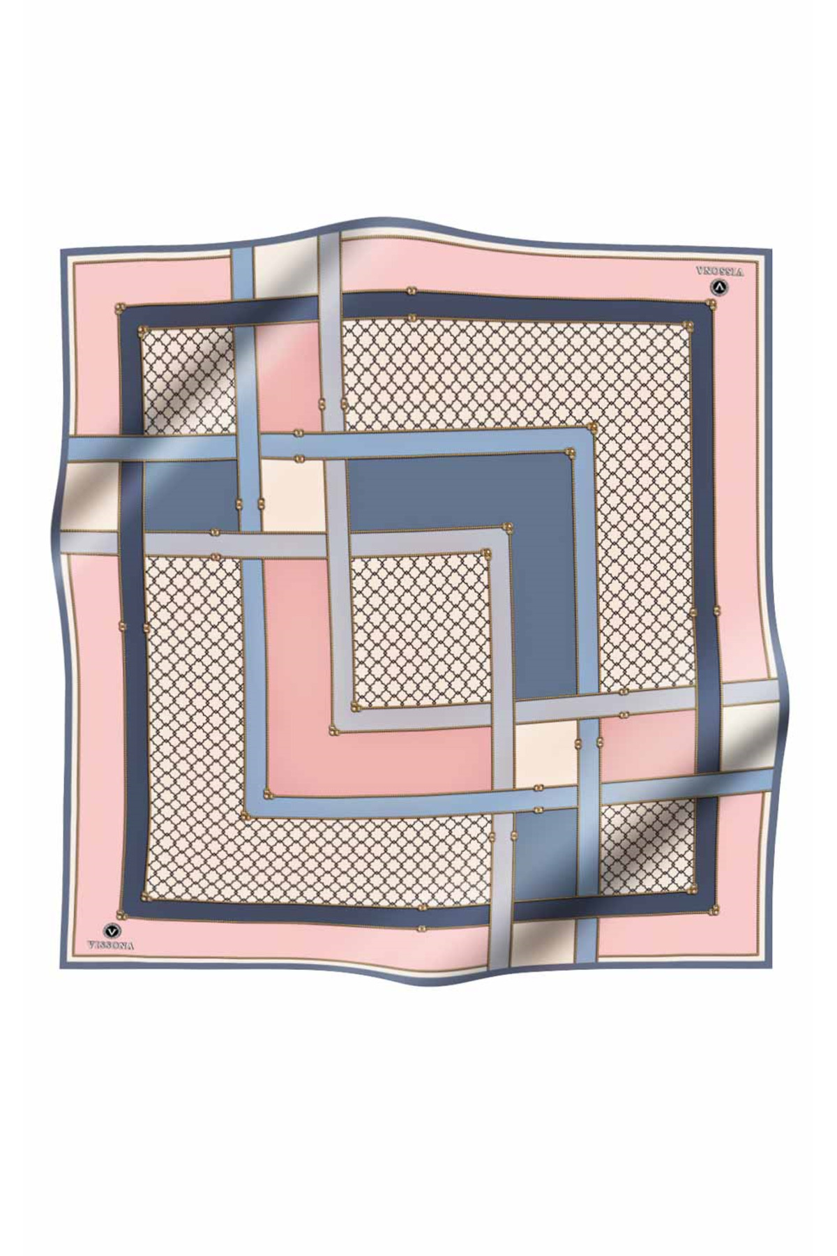 100% Twill Silk Geometric Patterned Powder - Baby Blue Color 90x90 Scarf Sewing Shape : Hand Sewing