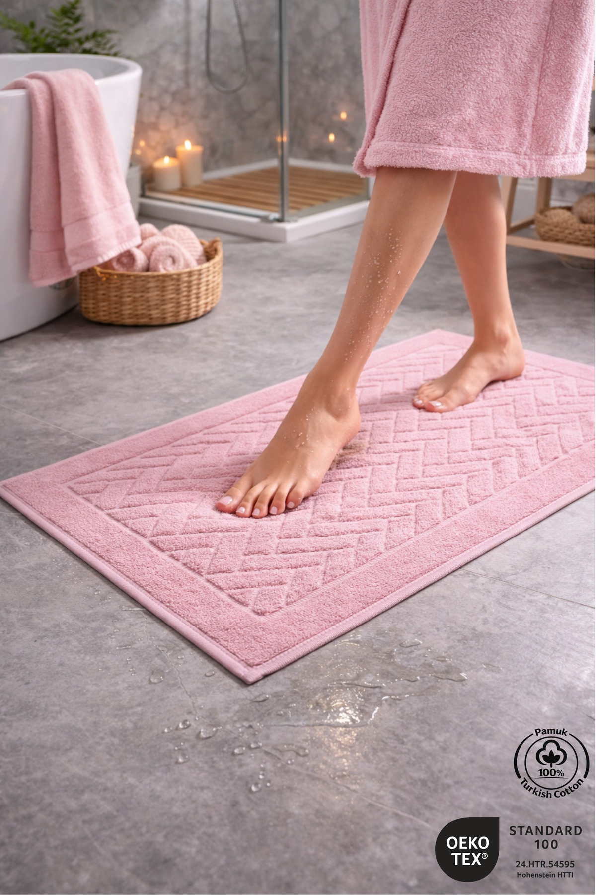 Foot Towel 100% Cotton Certified Striped Pattern Jacquard Bath Mat Powder Pink 50x70cm