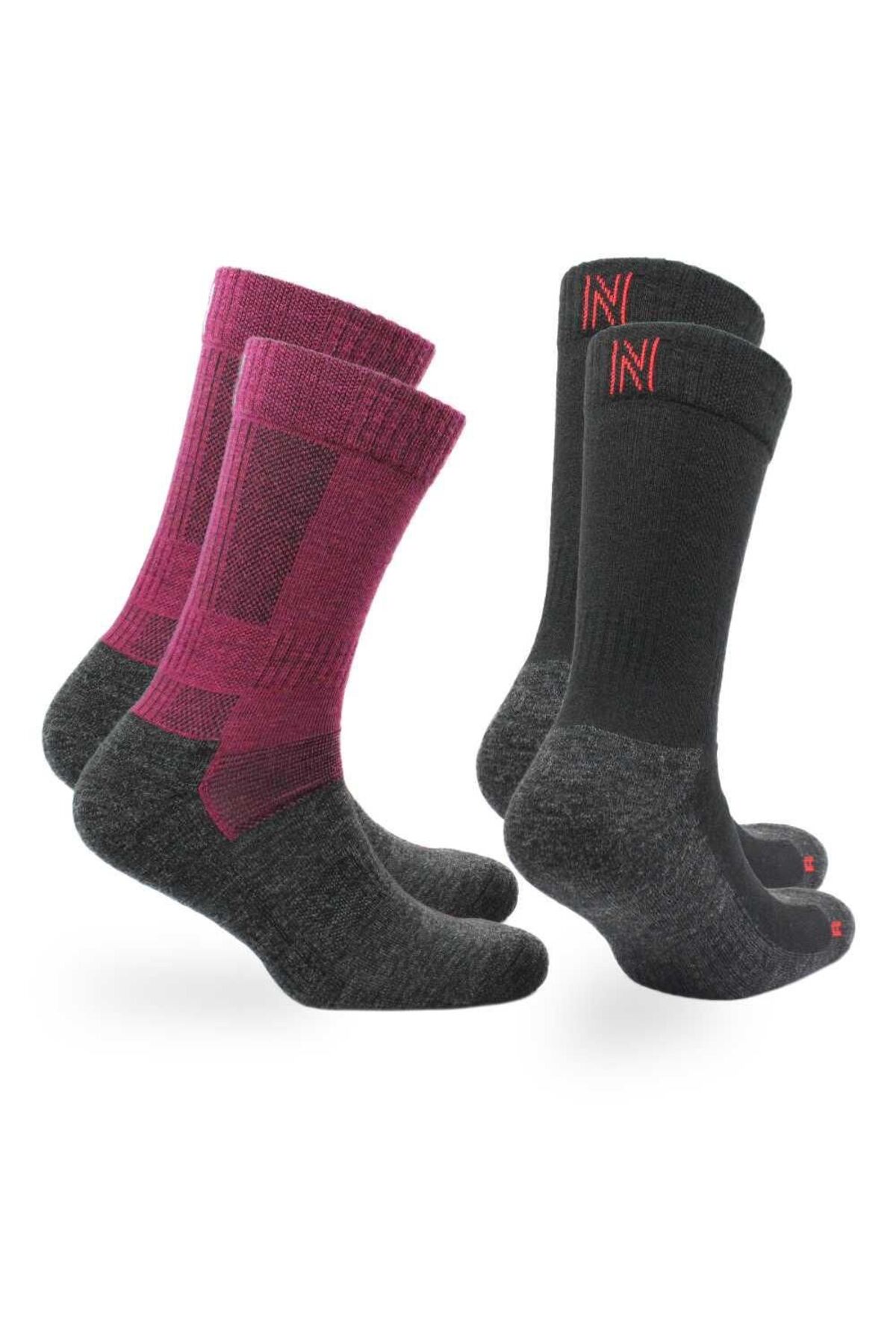 LEONARDO Merino Wool Outdoor Hiking Socks 2-Pack Black/Magenta