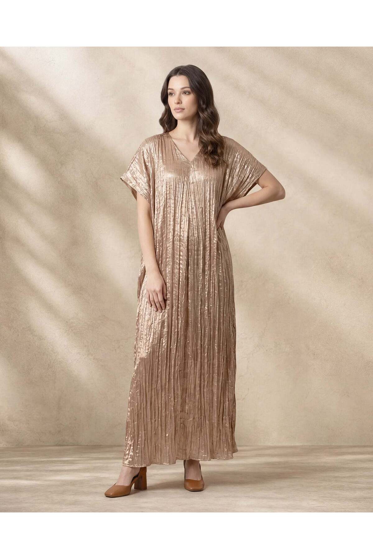 REDTAG Women Gold Beige Short Sleeve Maxi Dress