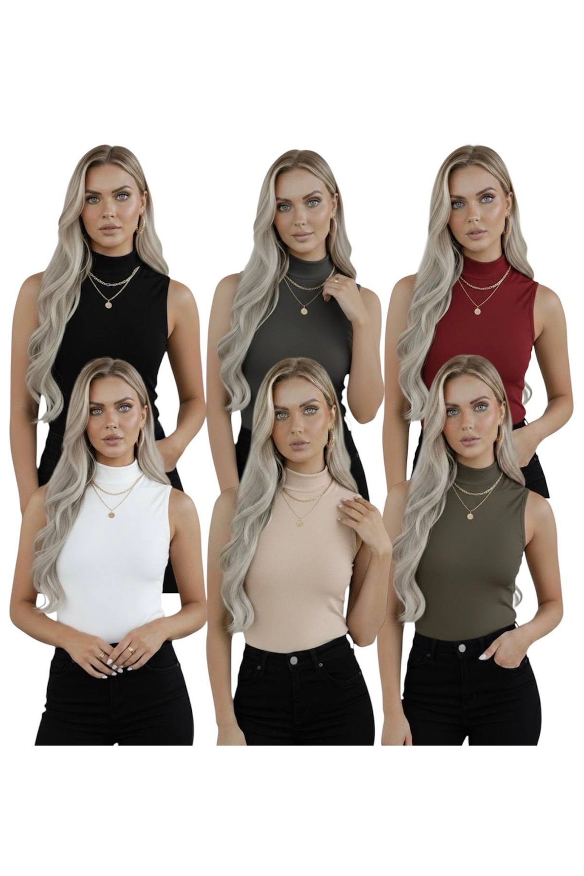 Women's 6-Pack Zero Sleeve Sleeveless Body Viscose Throat Waistline 6 Pcs Turtleneck