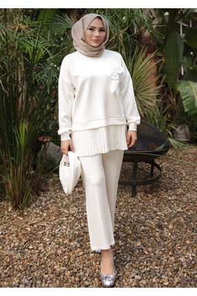 MUQA COLLECTION Ekru Etek Ucu Pileli Tunik Pantolonlu Takım
