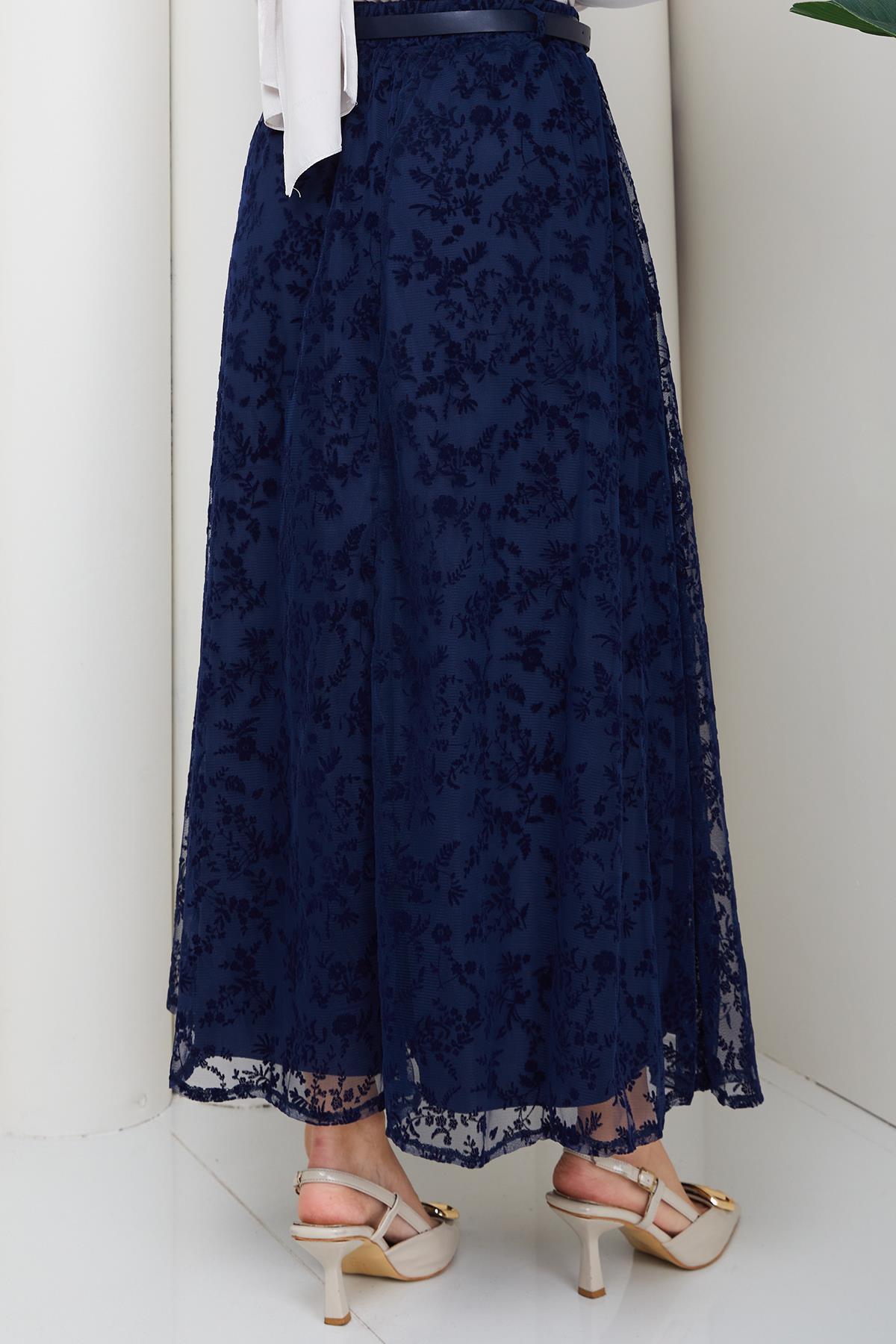 hafsamina  Astarlı Kemerli Çiçek Desenli Tül Etek Lacivert HM2877 - Görsel 7