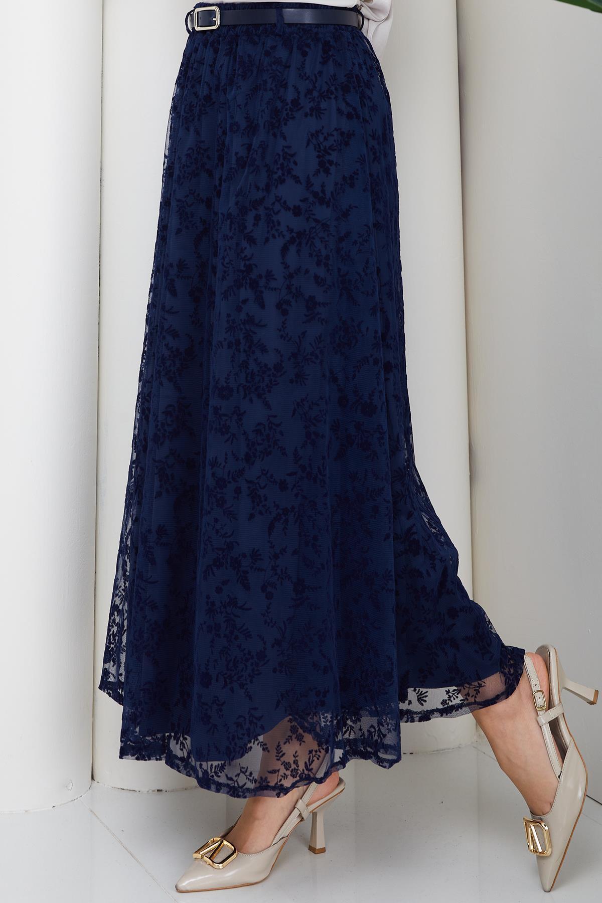 hafsamina  Astarlı Kemerli Çiçek Desenli Tül Etek Lacivert HM2877 - Görsel 6
