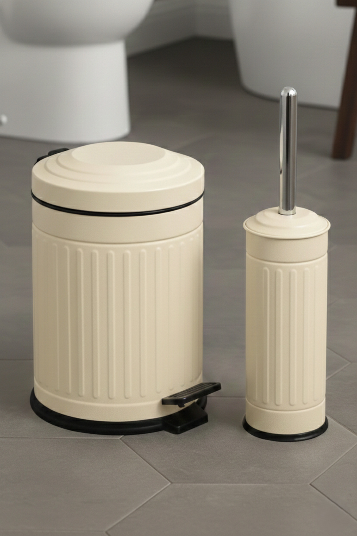 Vintage Series Vintage Cream with Shock Absorber 5LT Bathroom Set Pedal Trash Can Toilet Brush Set