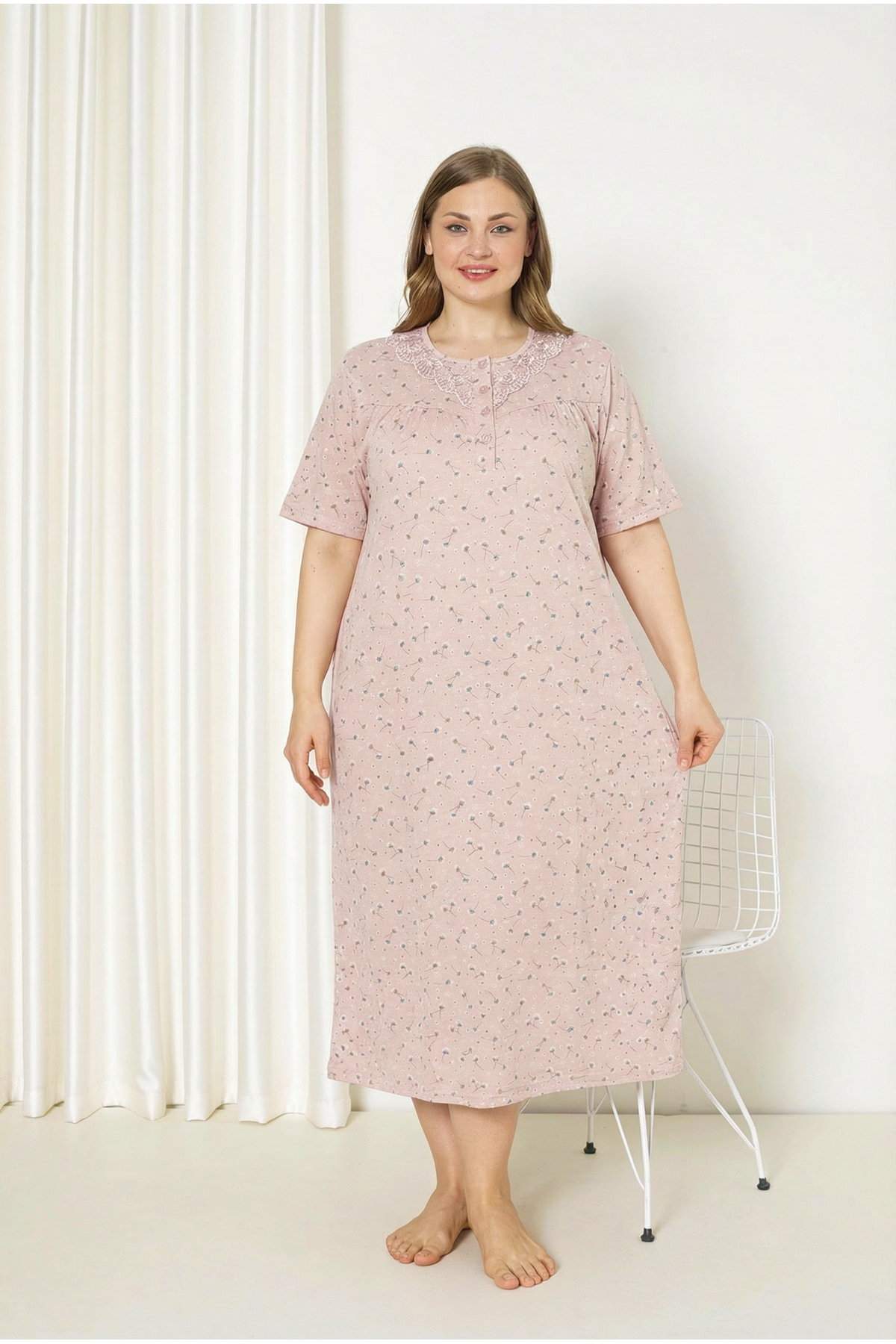 SEBOTEKS %100 Pamuklu Kısa Kollu Büyük Beden Anne Geceliği 586