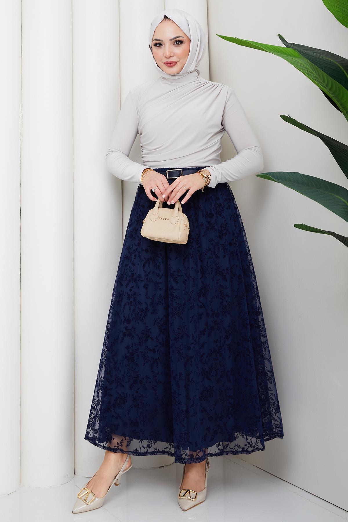 hafsamina  Astarlı Kemerli Çiçek Desenli Tül Etek Lacivert HM2877 - Görsel 4