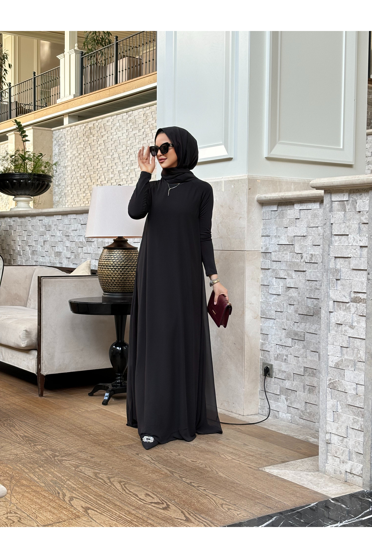 Mürdüm butik Şifon Detaylı Bahar Elbise-Siyah görsel 4