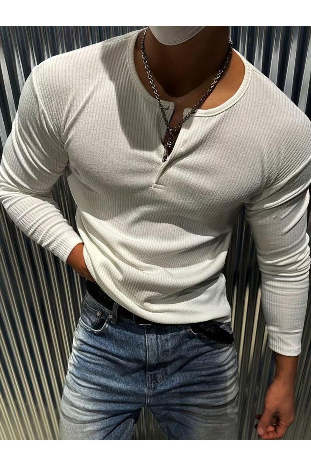 Oksit  Mecho Erkek Slim Fit Likralı Henley Yaka Uzun Kollu Tişört - Düğmeli Esnek Kumaş - Görsel 3