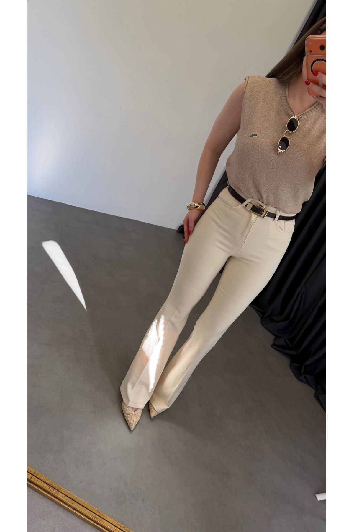 elif teke  Krem Likralı İspanyol Paça Jean - Görsel 3