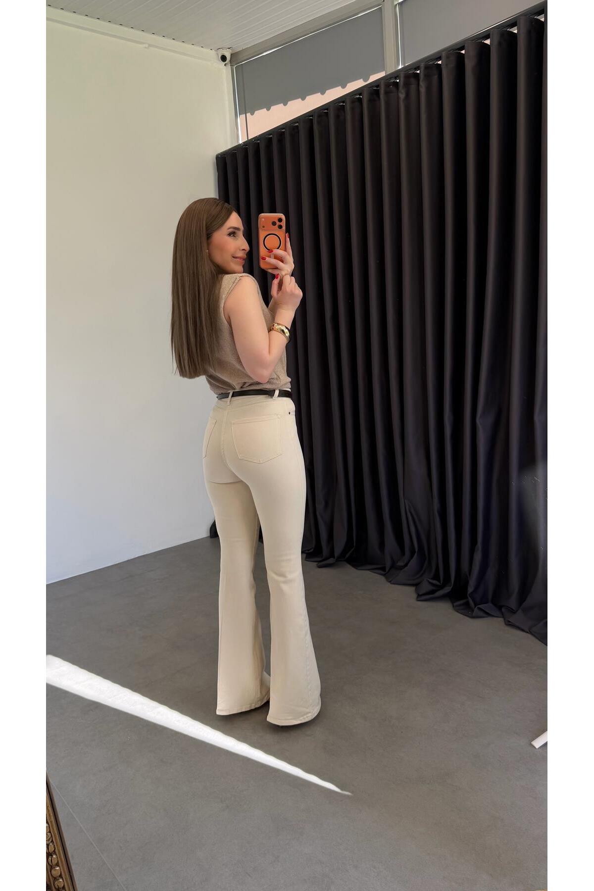 elif teke  Krem Likralı İspanyol Paça Jean - Görsel 4