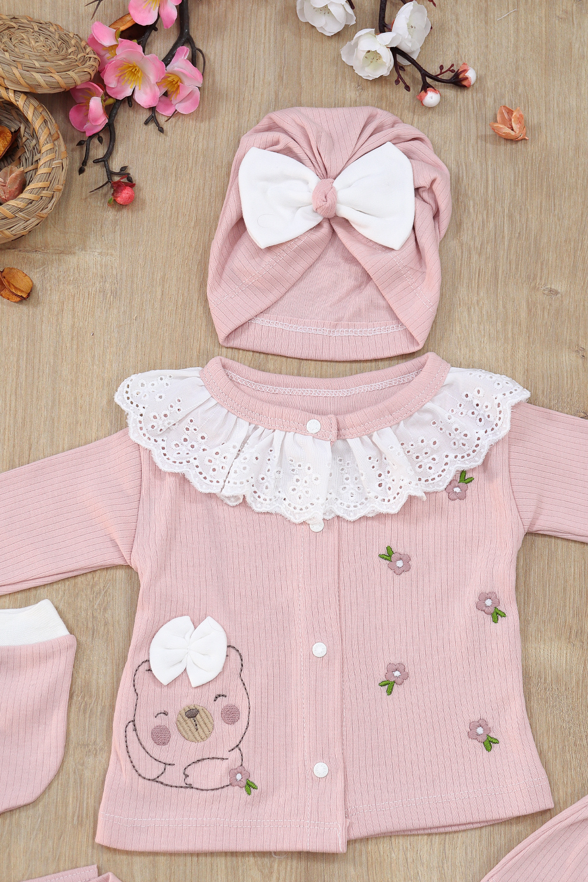 Sitilin Kız Bebek Fistolu Lüks Süslü İşlemeli 5 Li Hastane Çıkışı Yenidoğan Set STL7167 fotoğrafı 3 (önizleme)