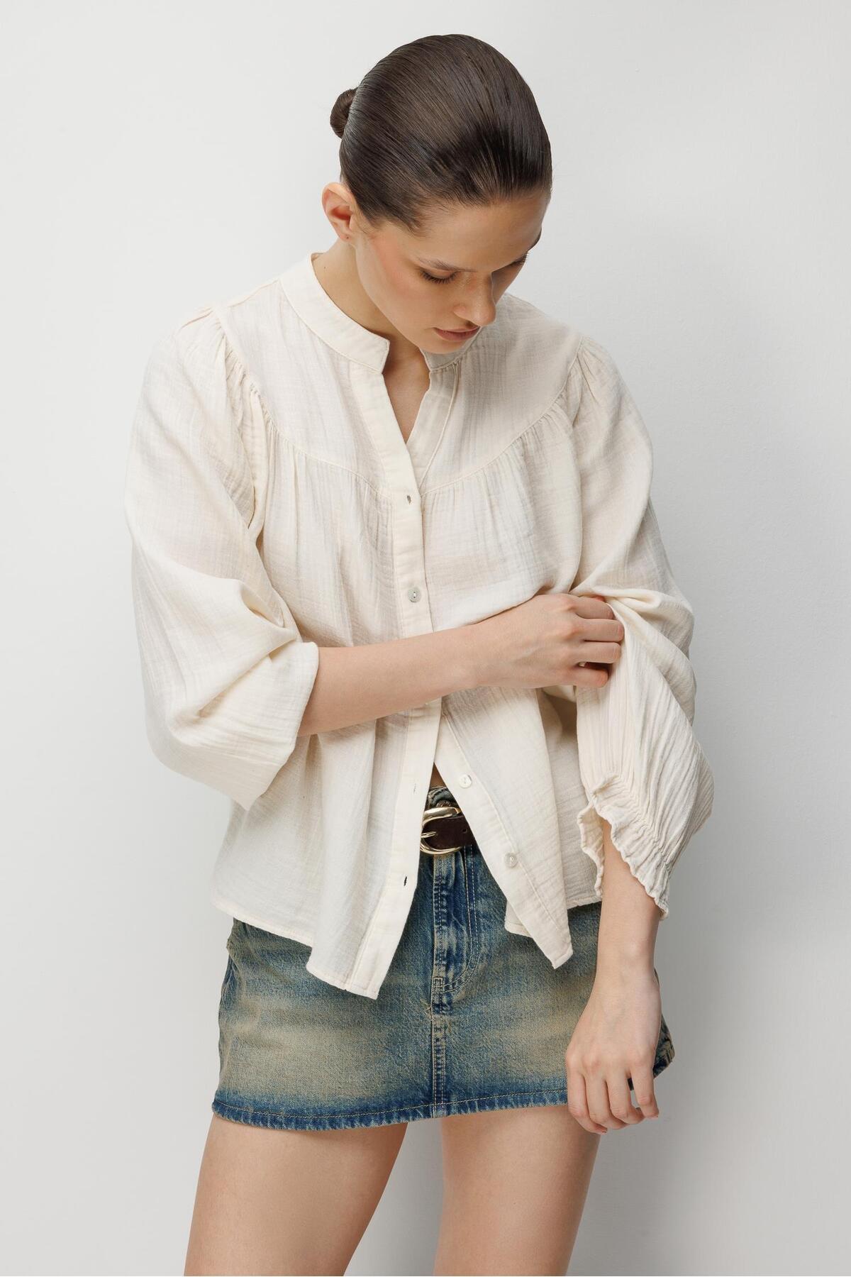 Mixray  4733 Kadın Büzgü Robalı Uzun Kol Müslin Gömlek Naturel - Görsel 5