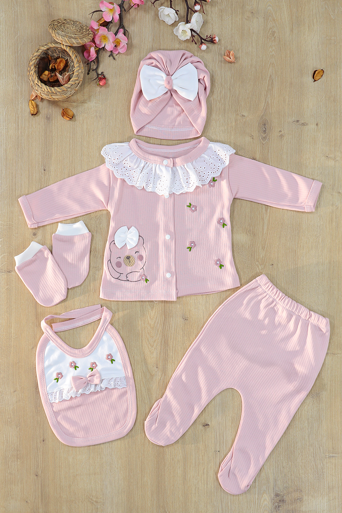 Sitilin Kız Bebek Fistolu Lüks Süslü İşlemeli 5 Li Hastane Çıkışı Yenidoğan Set STL7167 fotoğrafı 5 (önizleme)