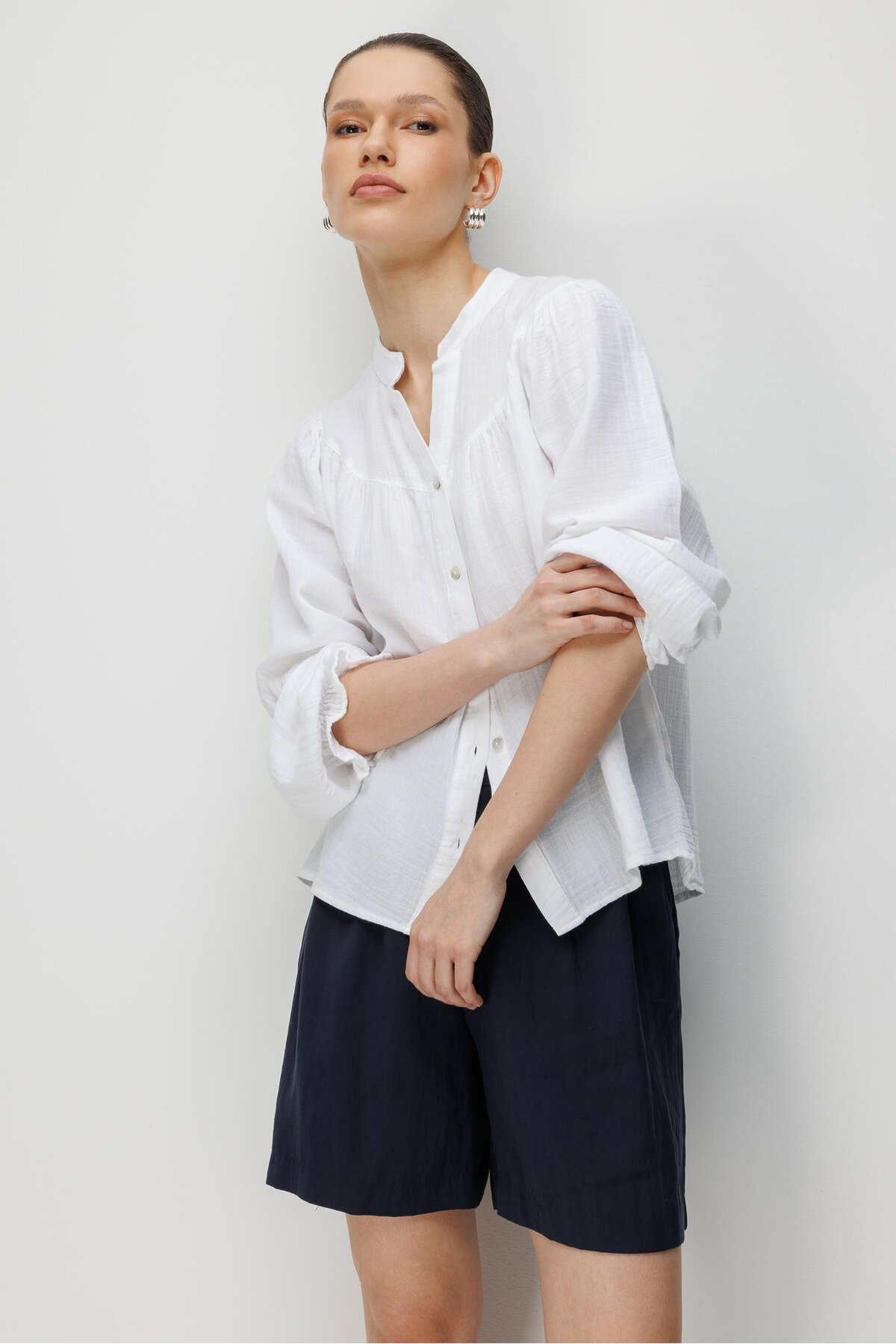 Mixray  4733 Kadın Büzgü Robalı Uzun Kol Müslin Gömlek Beyaz - Görsel 5