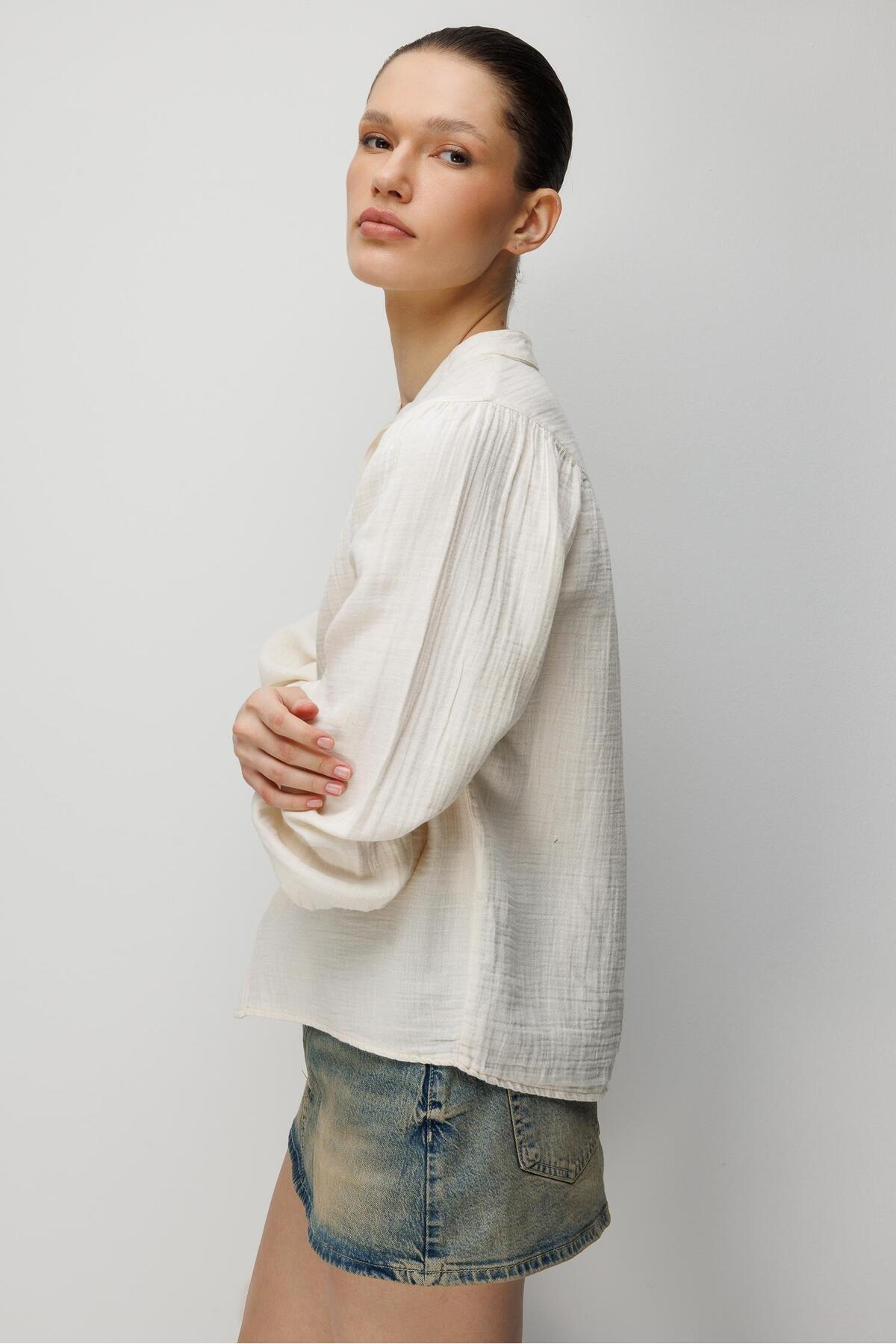 Mixray  4733 Kadın Büzgü Robalı Uzun Kol Müslin Gömlek Naturel - Görsel 6