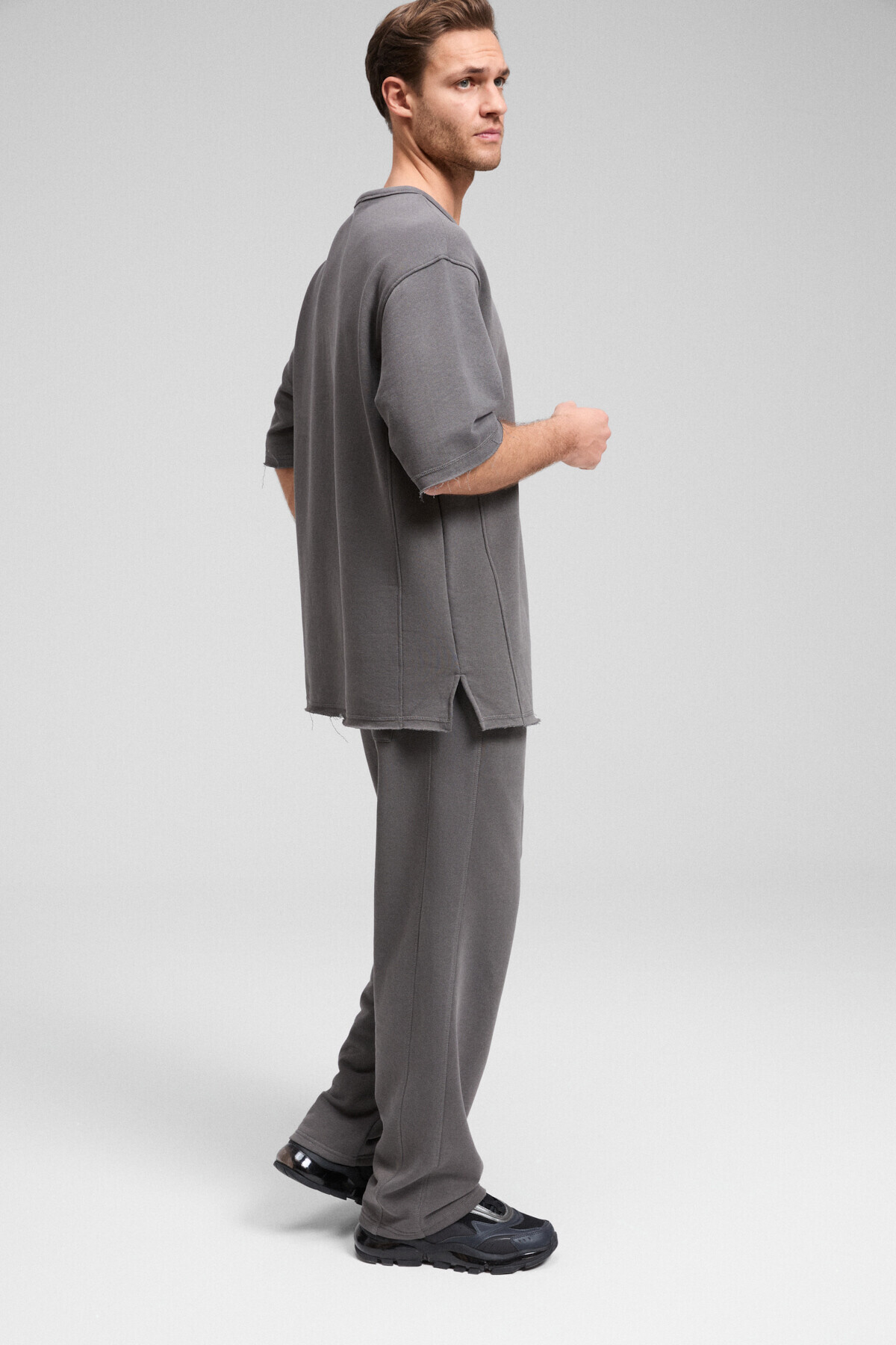 GRIMELANGE  EASY Erkek Pamuklu Bisiklet Yaka Beli Lastikli Kordonlu Çift Cepli Regular Antrasit Eşofman Takımı - Görsel 5