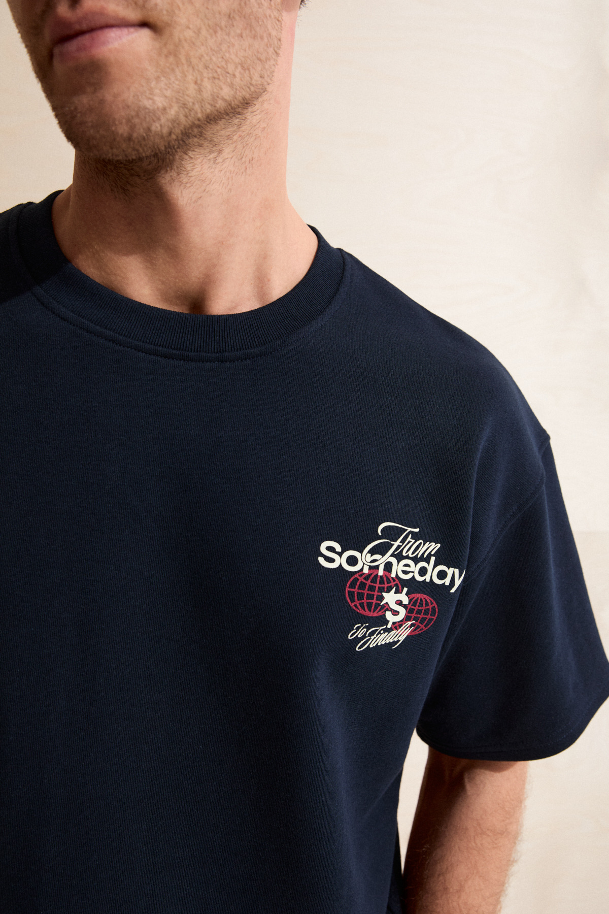 GRIMELANGE  DUKI Erkek Bisiklet Yaka Organik Pamuklu Baskılı Oversıze Lacivert T-Shirt - Görsel 4