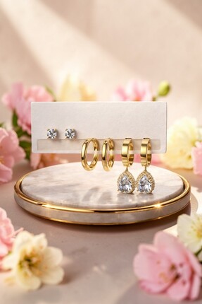 Vidora Jewelry Altın Renk Çelik Küpe Seti – 6’lı Tektaş, Halka ve Sallantılı ...