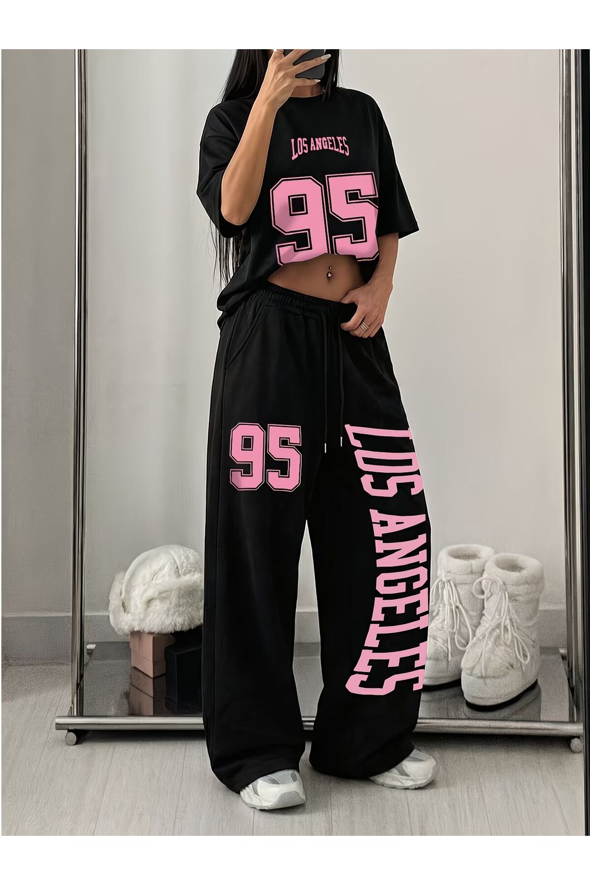 Unisex Los Angeles 95 Baskılı Oversize Tshirt ve Baggy Eşofman Altı - Yazlık İkili Eşofman Takımı — مشکی darkopiawearla95