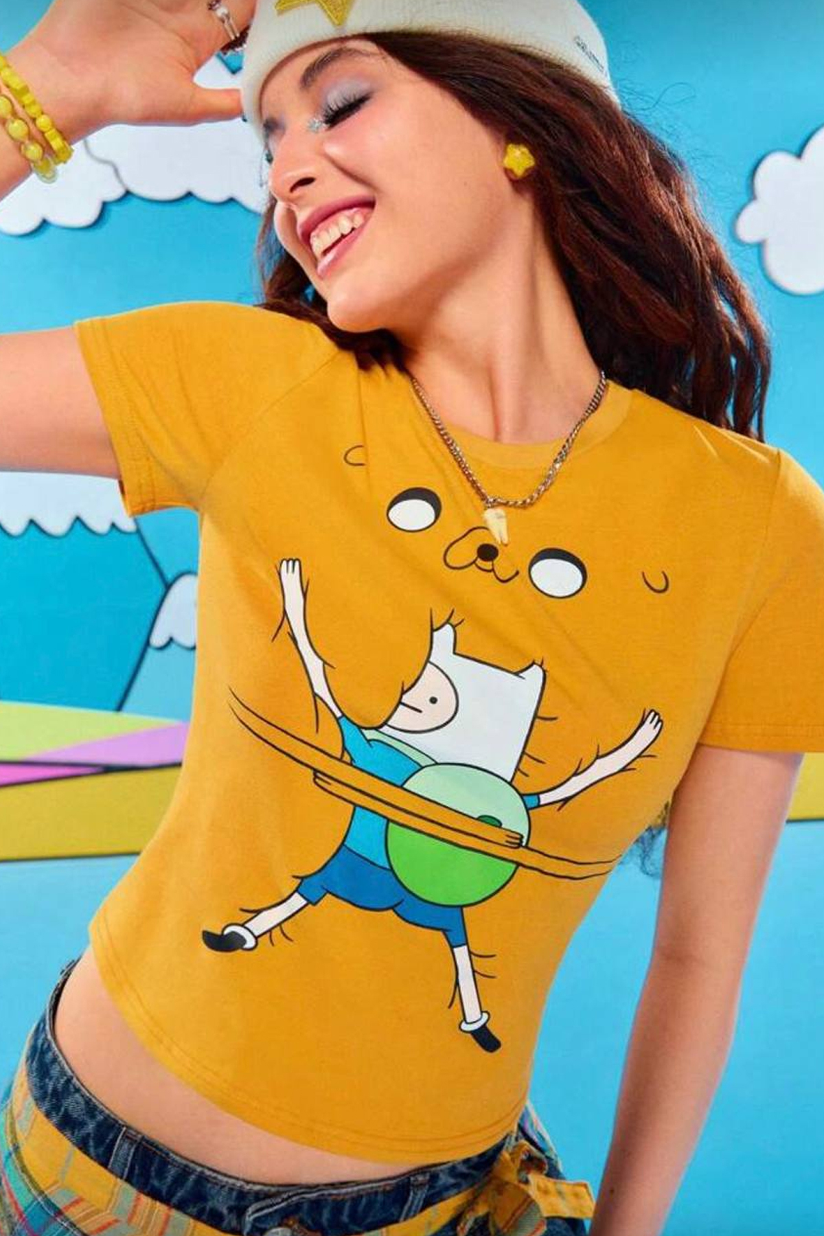 İlayda Toprak  Cartoon Sarı Adventure Time Fin and Jack Y2K Kısa Kollu Crop T-Shirt - Görsel 4