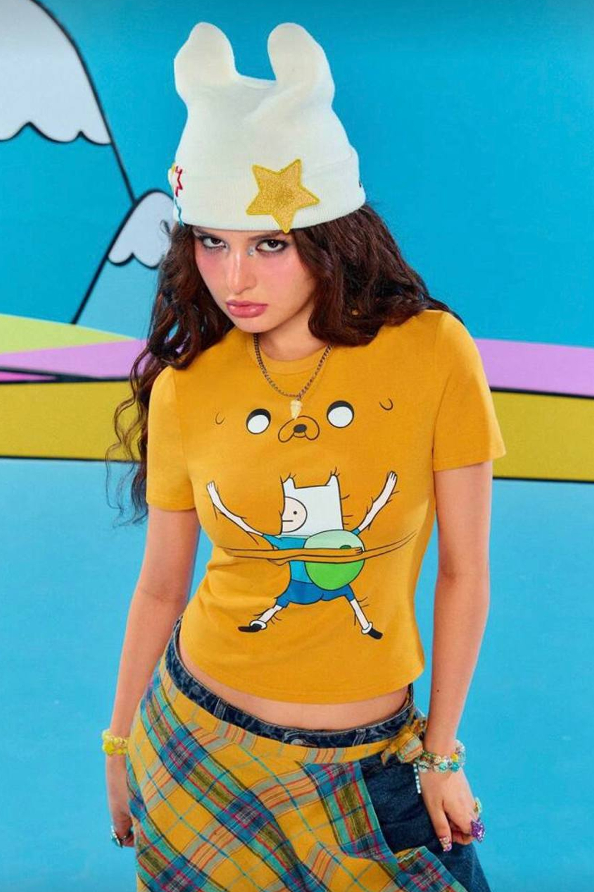 İlayda Toprak  Cartoon Sarı Adventure Time Fin and Jack Y2K Kısa Kollu Crop T-Shirt - Görsel 6