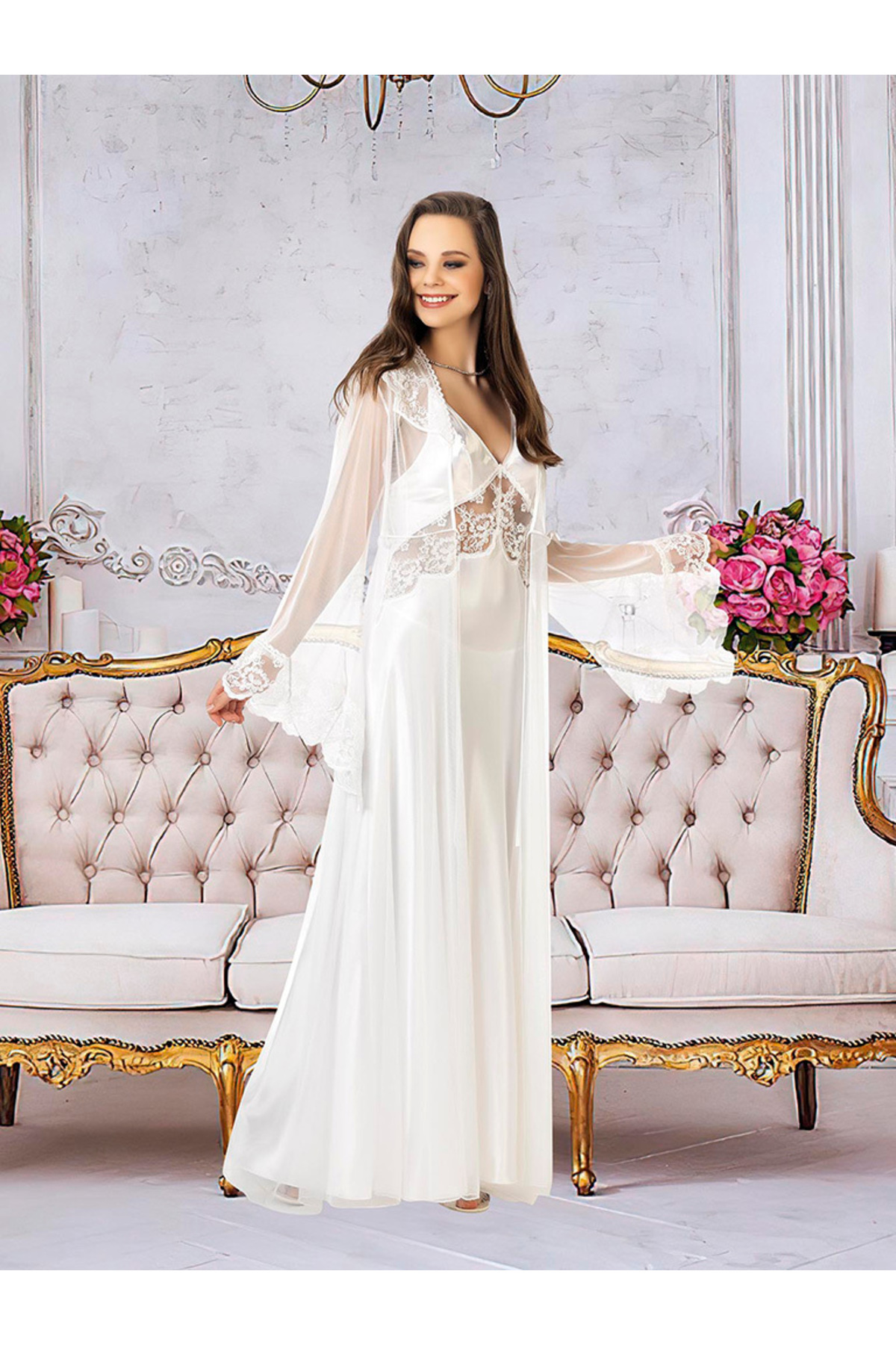 For Dreams 4977 Saten Uzun Ekru Gecelik ve Sabahlık Takımı Dantel Detaylı 2li Takım