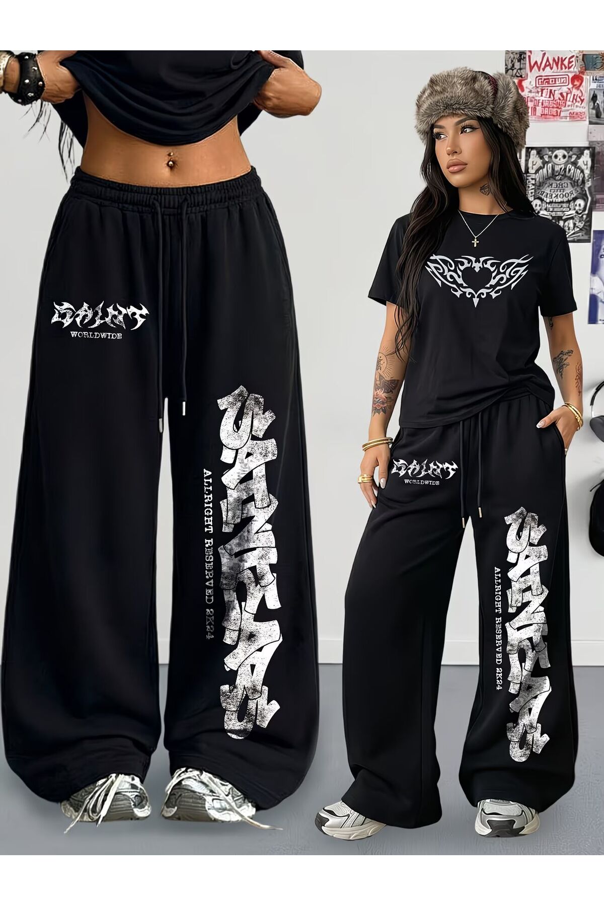 Unisex World Wide Baskılı Oversize Tshirt ve Baggy Eşofman Altı - Yazlık İkili Eşofman Takımı — مشکی darkopiawearny23