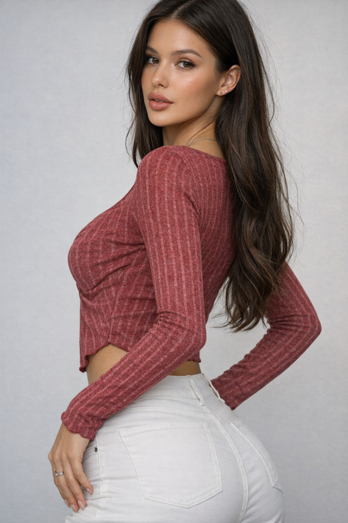 meren like your style Bordo önü bükümlu kalıp yaka uzun kollu kışlık crop görsel 2