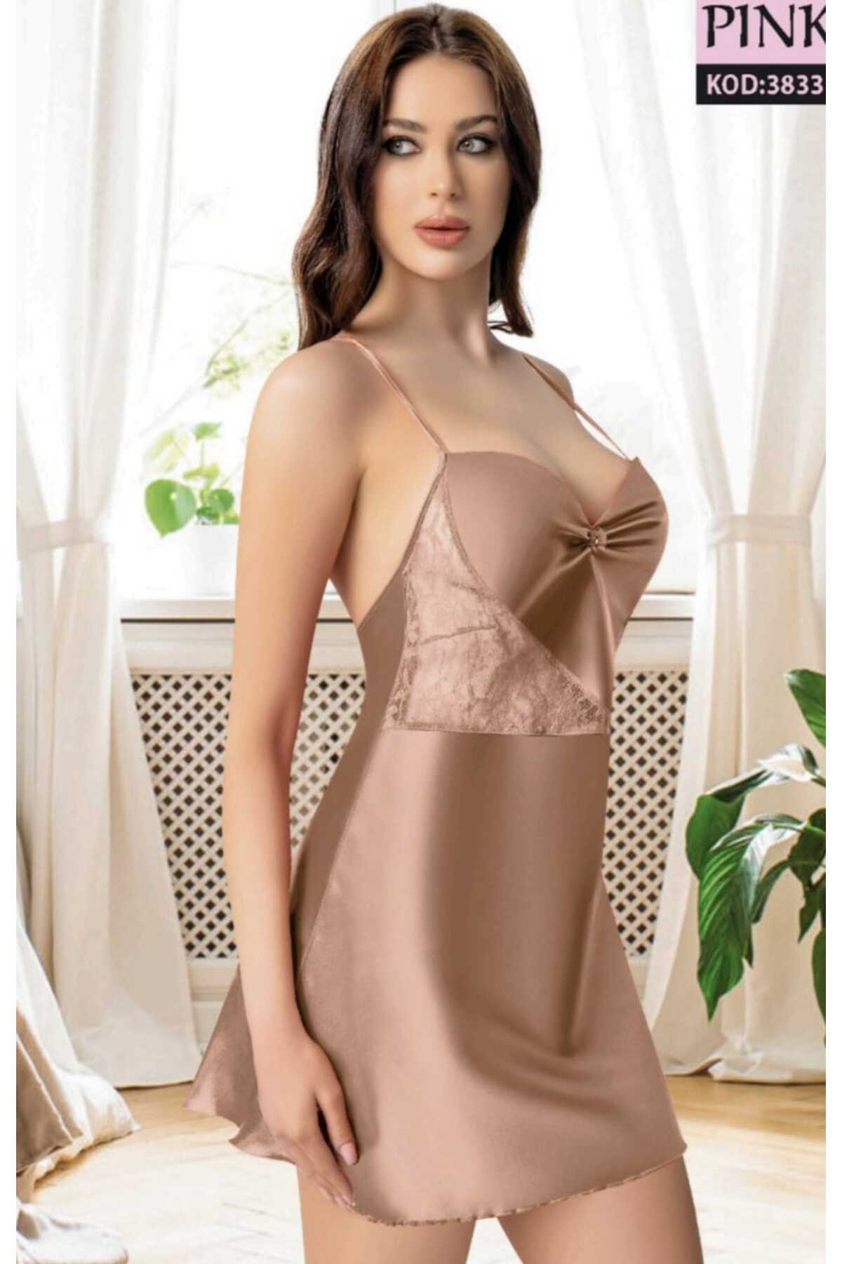 PİNKNİGHT DEGAJE YAKA SATEN GECELİK